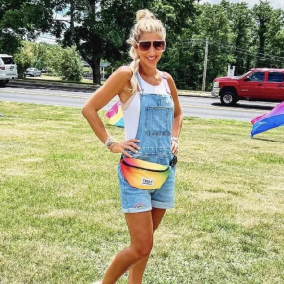 GAY PRIDE PARADE GENDER ADULT RAINBOW Jeans Overall Shortalls Light Wash Denim - Picture 3 of 6